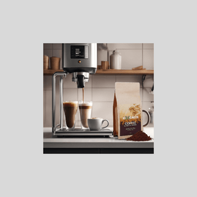 A brown paper bag of Excalix mushroom coffee is displayed on a marble table in a cozy kitchen setting. The label on the bag features the Excalix logo and reads "Excalix Coffee, Mushroom Coffee Fusion." The background includes blurred kitchen elements such as jars and a coffee pot, creating a warm and inviting atmosphere.