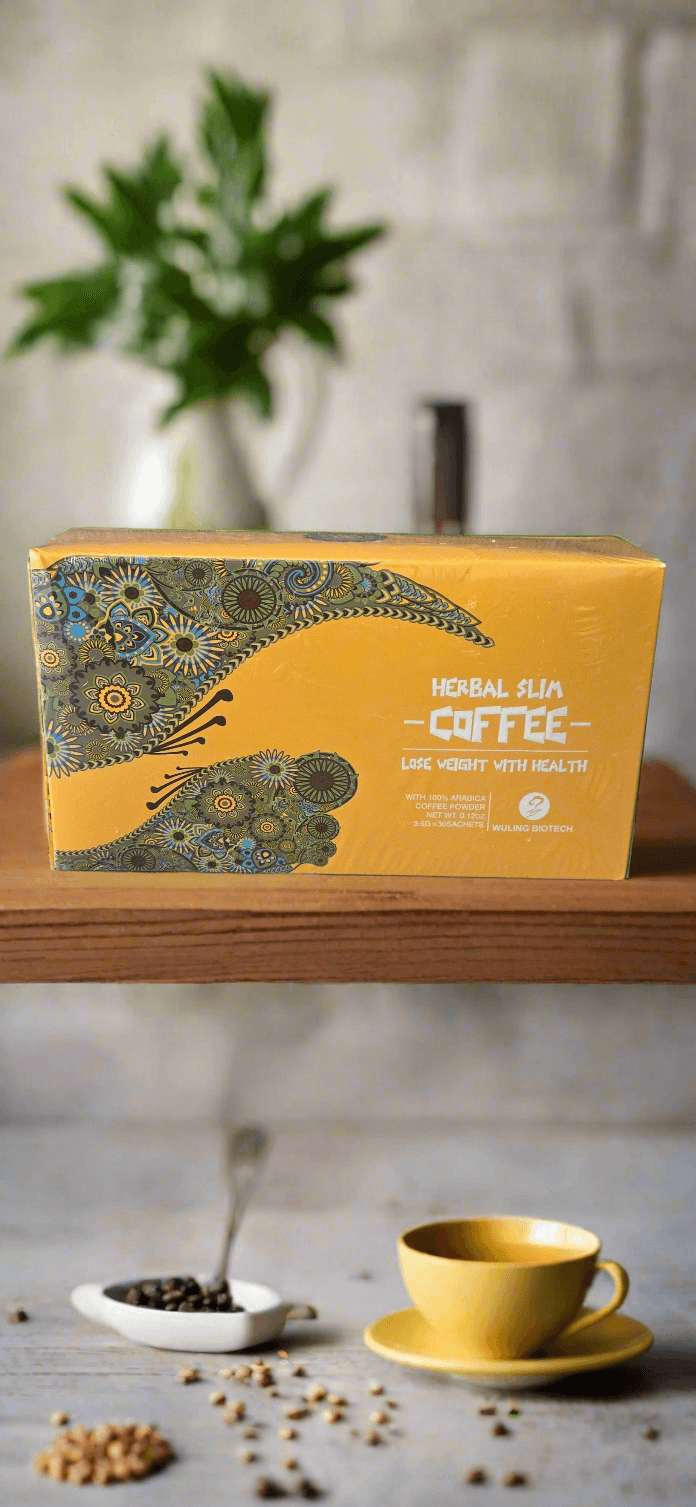 Herbal Slim Coffee box on a wooden table with a yellow cup, featuring a blend of Arabica and functional mushroom extracts.