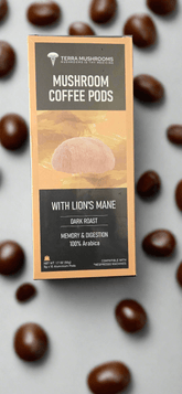 Lion's Mane mushroom coffee pods box surrounded by coffee beans, offering dark roast espresso for cognitive and immune support.