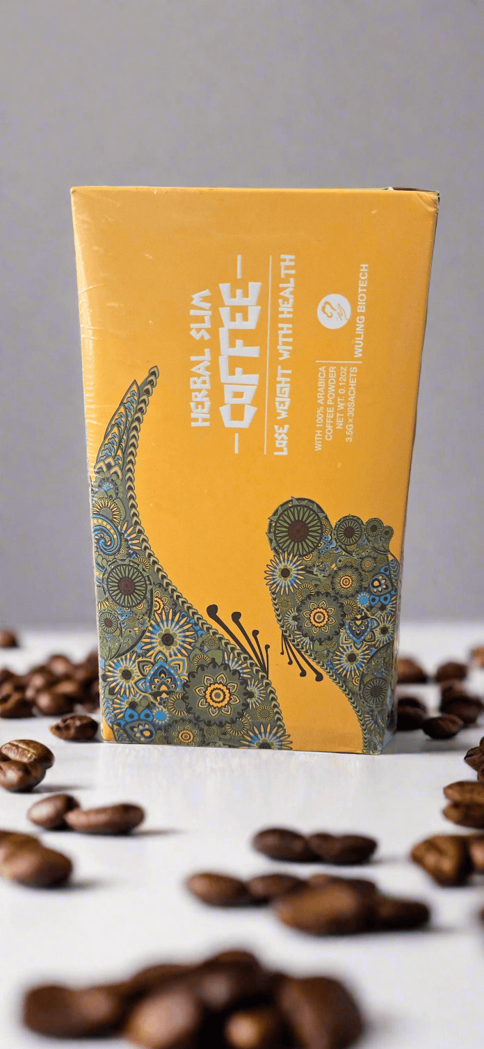 Herbal Slim Coffee box with decorative design surrounded by coffee beans, featuring instant coffee and functional mushroom extracts.