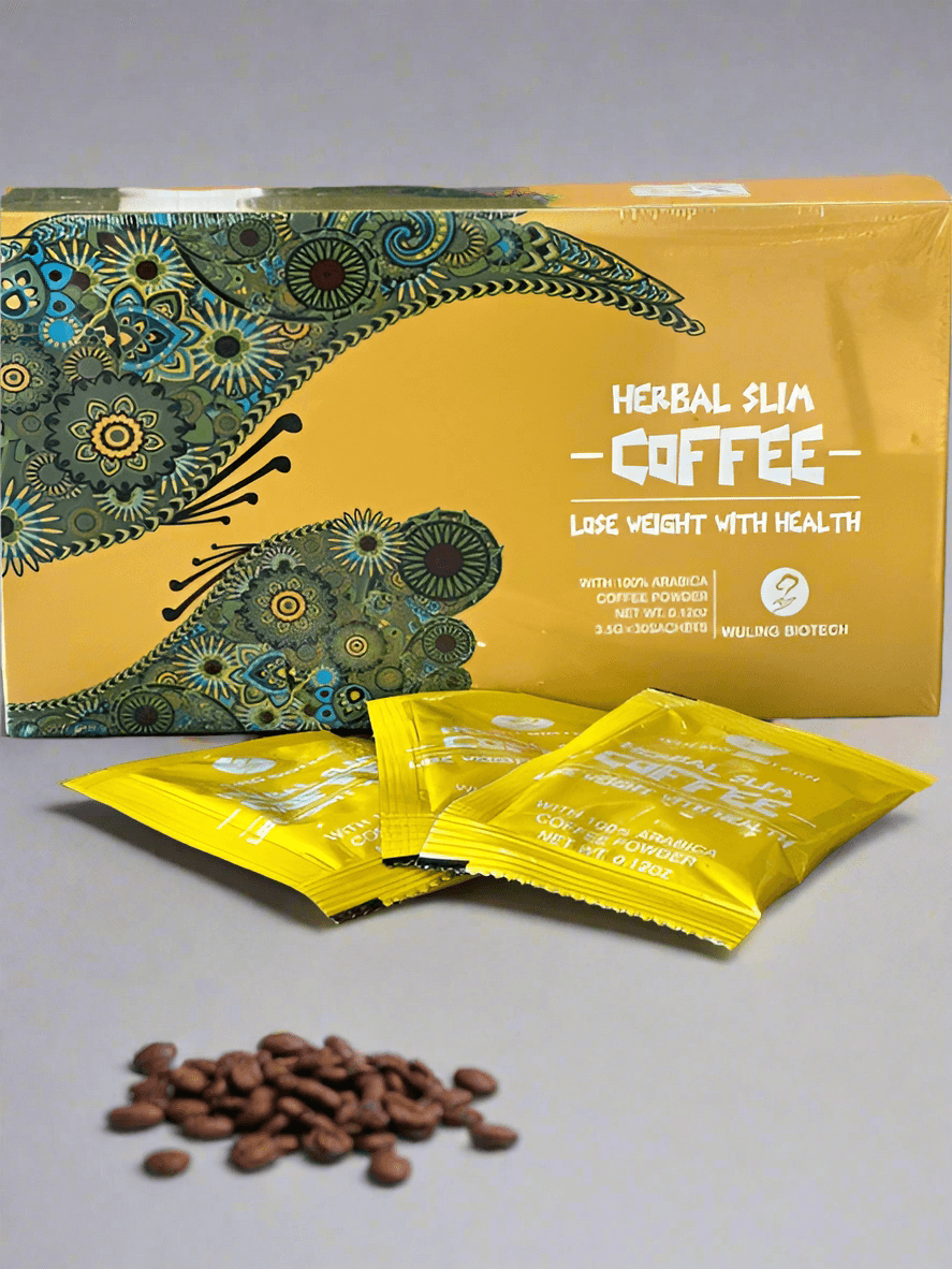 Herbal Slim Coffee box and sachets with Arabica, Reishi, Ginseng, and more for energy and immune boost, promoting a healthy lifestyle.