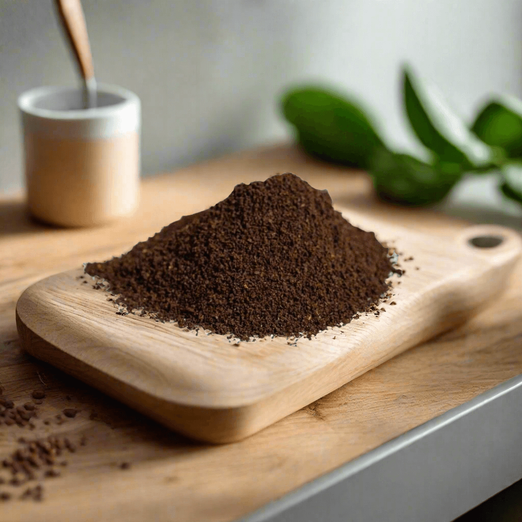 The ground coffee of Excalix mushroom coffee is displayed on a wooden table cutting board in a cozy kitchen setting. The background includes blurred kitchen elements, coffee mug with spoon and green leafs.