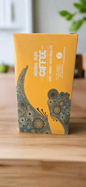 Herbal Slim Coffee box with intricate design, featuring energy and immune-boosting ingredients like Reishi and Ginseng extracts.