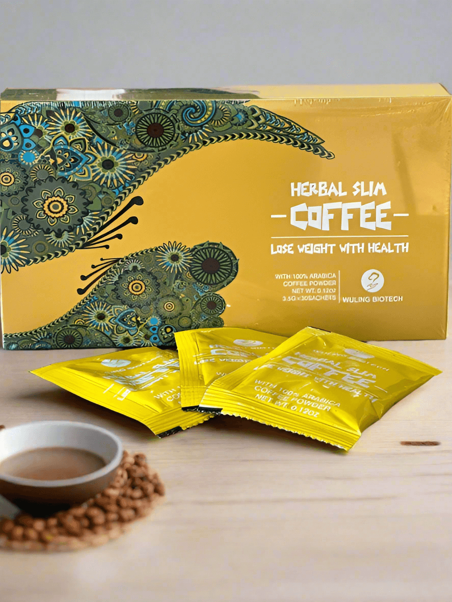 "Herbal Slim Coffee sachets with instant Arabica, mushroom, and herbal extracts for health, energy, and weight management"