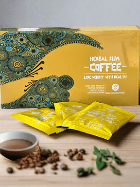 Herbal Slim Coffee sachets with Arabica, Reishi, and Ginseng for weight loss, energy, and immune boost.