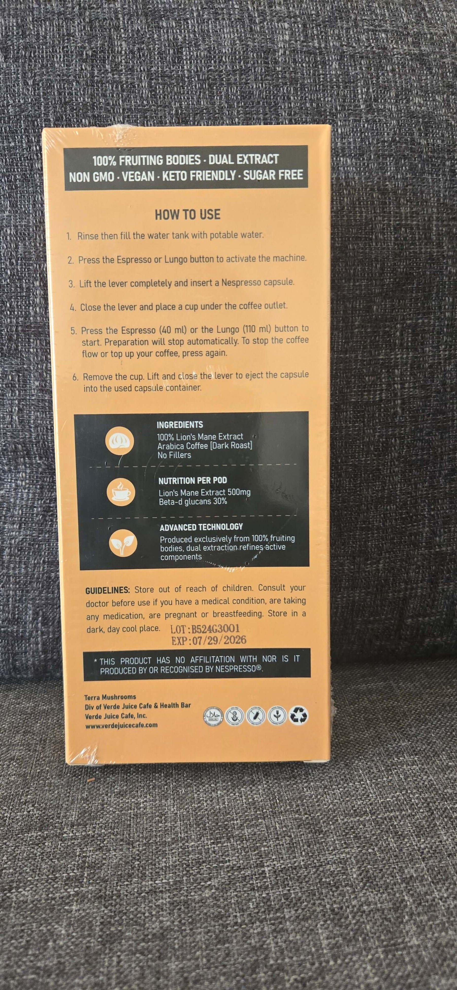 Back of Lion's Mane Nespresso box with usage instructions and ingredient details.